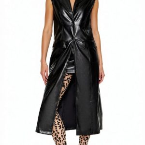 Notched Faux Leather Longline Vest