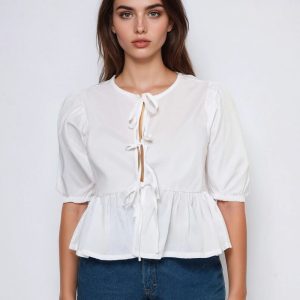 Poplin Tie-Front Peplum Top