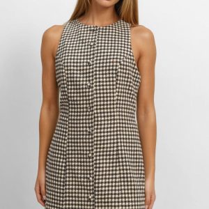 Sleeveless Houndstooth Button-Front Mini Dress
