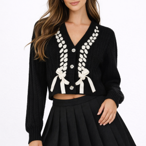 Braided Ribbon Cropped Cardigan Sweater