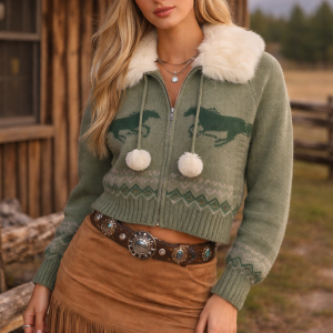 Horse Print Pom-Pom Zip-Up Sweater