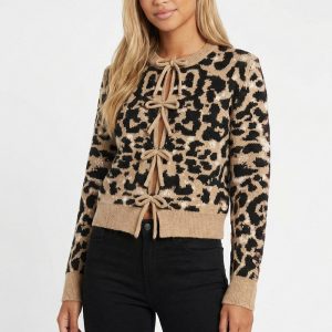Leopard Lace-Up Bow Cardigan Sweater