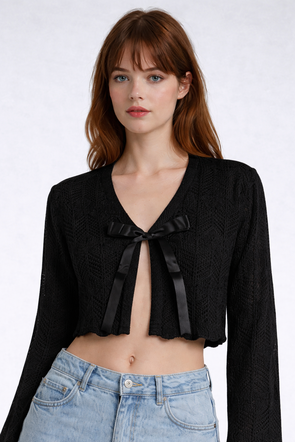 Open-Front Pointelle Bow Cardigan - Image 6