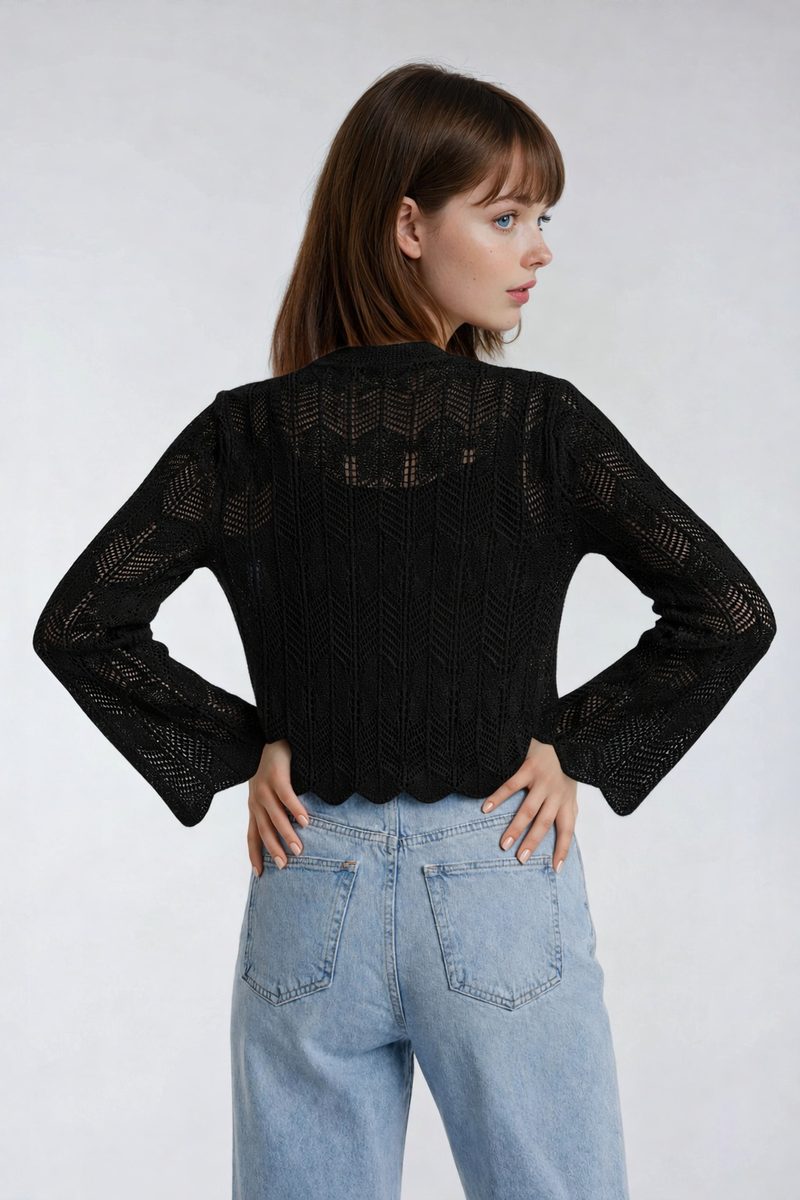 Open-Front Pointelle Bow Cardigan - Image 7