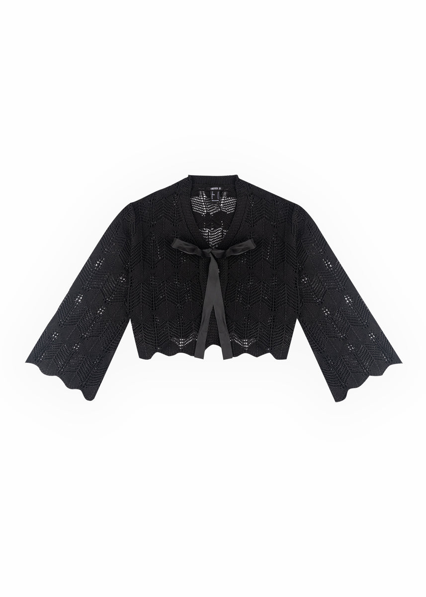 Open-Front Pointelle Bow Cardigan - Image 8