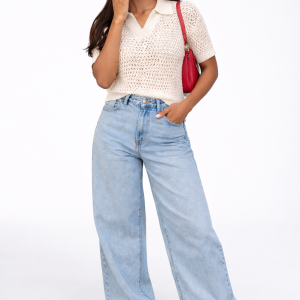 Short-Sleeve Crochet Collared Sweater Top