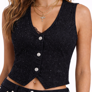 Stretch Denim Vest with Rhinestones