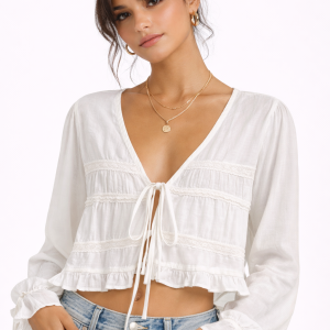 LONG SLEEVE TIE FRONT BLOUSE WITH RUFFLE DETAIL