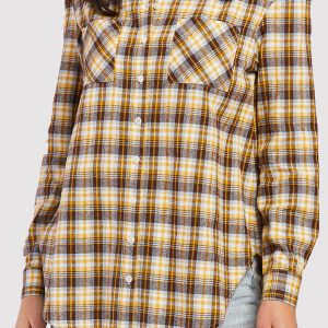 Long Sleeve Button Down Shirt. Chest Patch Pockets Shirred Shoulder Detail