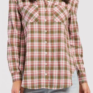 Long Sleeve Button Down Shirt. Chest Patch Pockets Shirred Shoulder Detail
