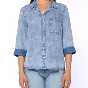 3/4 Cuffed Sleeve Button Down Shirt Chest Pocket High Low