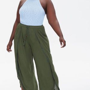 Plus Size Crochet-Trim Tassel Pants