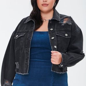 Plus Size Distressed Denim Jacket