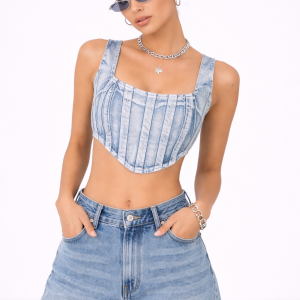 Denim Curved-Hem Crop Top