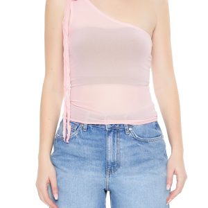 Mesh Rosette One-Shoulder Top