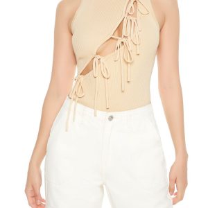Sweater-Knit Cutout Bow Bodysuit