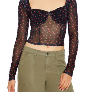 Mesh Cherry Print Crop Top
