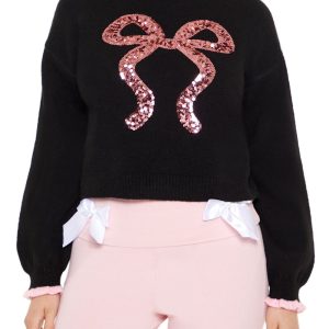 Sequin Bow Mock Neck Sweater