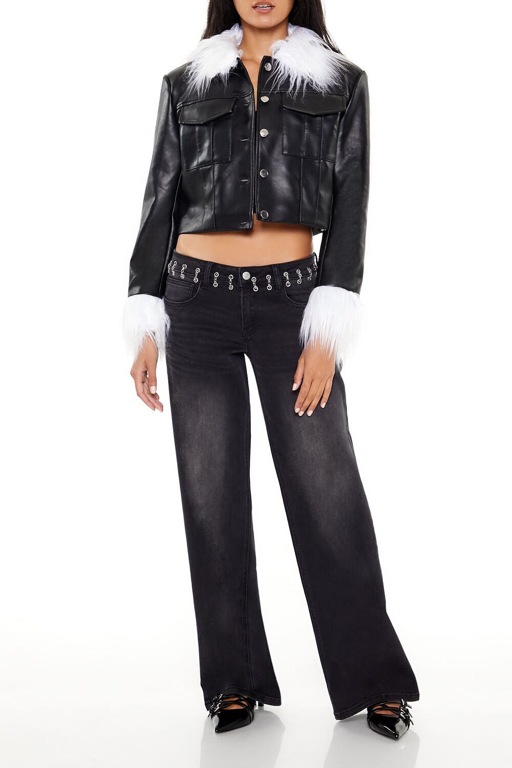 Faux Fur & Leather Trucker Jacket - Image 8