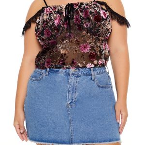 Plus Size Eyelash Lace-Trim Floral Crop Top